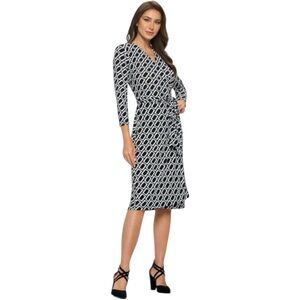Renee C. Print V Neck Jersey Wrap‎ Long Sleeve Dress Womens Medium Black White